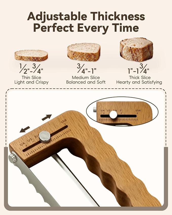 Solid Walnut Wood Bread Bow Knife & Bread Lame Set | Adjustable Bread Slicer for Even Slices, Ultra Sharp Serrated Fiddler Knife for Artisan Sourdough, Homemade Loaves & Cakes, Ergonomic Design