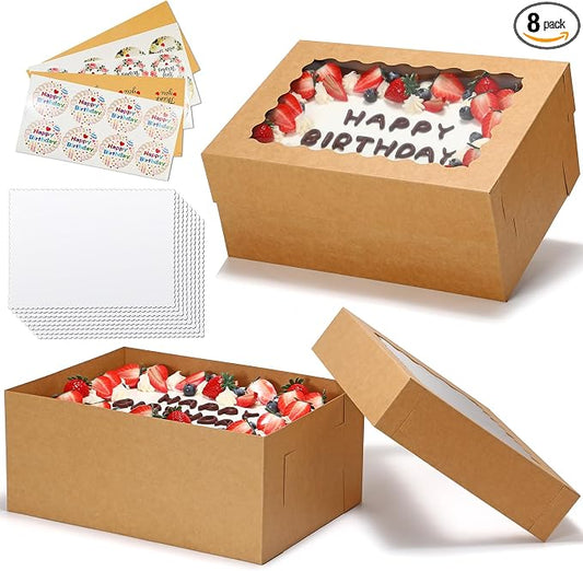 COTOPHER 14x10x6 In Sheet Cake Boxes, 16 Pcs Brown Bakery Boxes with Large Window (8 Boxes & 8 Boards), Cake Containers for Quarter Cakes, Donuts, Cupcakes, Brownie, Pastry & Pies Packaging