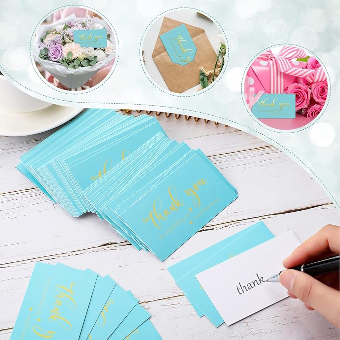 Outus 620 Pieces Thank You for Supporting My Small Business Cards and Stickers Set, Thank You Gold Foil Stickers with Resealable Packaging Bag for Business Owners Packaging Supplies (Blue)
