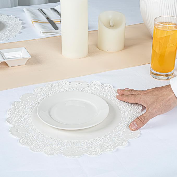 Restaurantware Pastry Tek 12 x 12 Inch Lace Doilies 100 Decorative Tableware Placemats - Disposable Round White Paper Table Doilies For Birthdays Or Weddings Table Decor