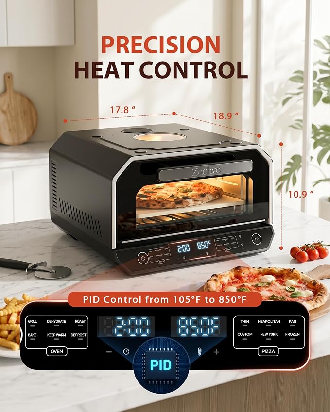 13-in-1 Countertop Pizza Oven, 90-Second 12 Inch Pizza, up to 850°F, 6 Presets & 6 Bake Modes, PID Control, Expert Mode Makes 5 in 30 Min for Home Pizzeria, Top Window & On-Demand Light, Black