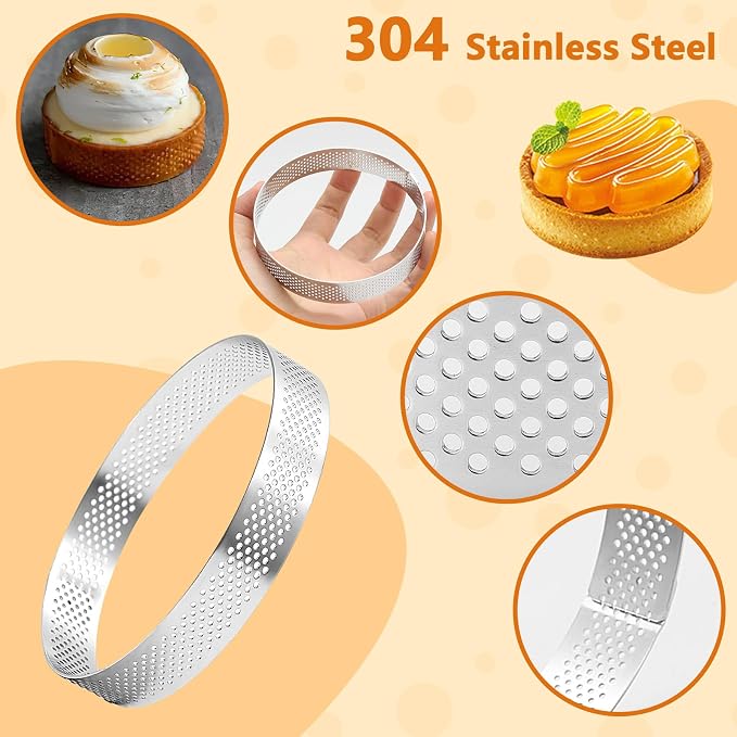 Aringfes10 Pcs 4 Inch 304 Stainless Steel Tart Ring, Heat-Resistant Perforated Cake Mousse Ring, Round Ring Baking Doughnut Tools (10cm)