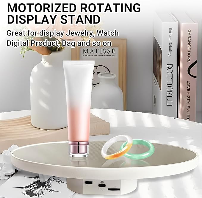 JAYEGT Motorized Rotating Display Stand, 10inch /11Lbs Load ,Mirror Cover ，360 Degree Electric Rotating Turntable ,Cup Display Turner Stand,Photography Products, Jewelry ,Tumbler -White