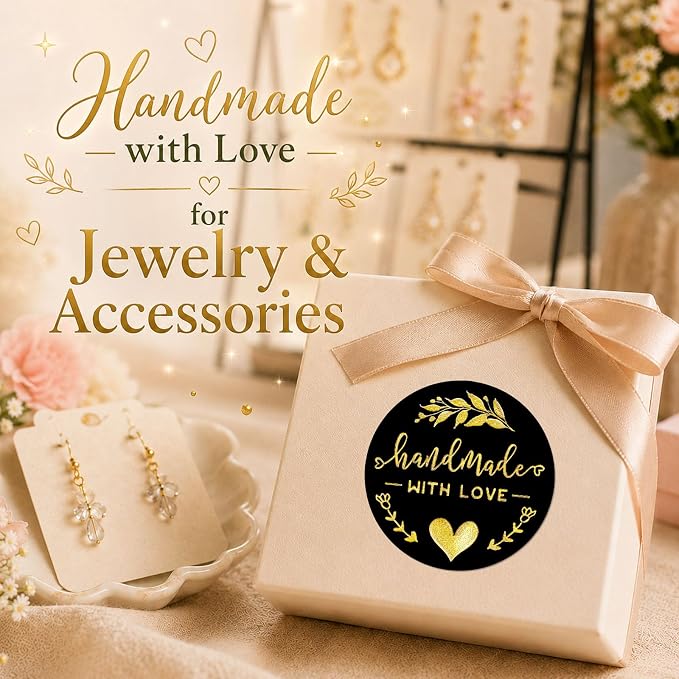 100PCS Handmade with Love Stickers, Black Gold Foil Labels for Small Business Packaging, Bakery Cookies, Gift Wrapping, Candy Table, Wedding Baby Shower Party Favor Stickers.1.6 inch (Black+Gold)