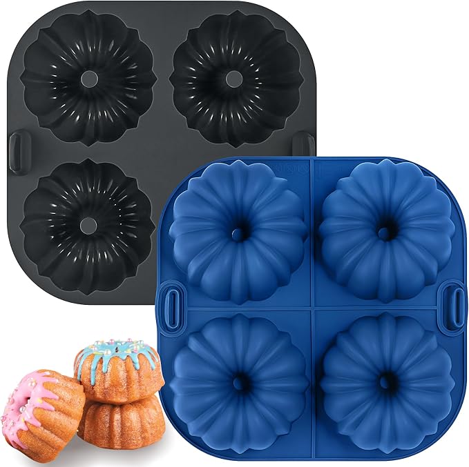 Webake Silicone Air Fryer Fluted Cake Pan for Baking, Nonstick BPA Free Fluted Tube Cake Pans, 4-Cavity, Set of 2