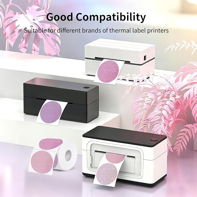 3''Holographic Pink Thermal Label,Round Self-Adhesive Direct Thermal Label,for DIY Logo Design,Name Tag (200/Roll)