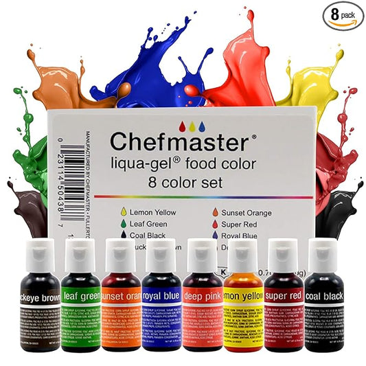 Chefmaster - Liqua-Gel Food Coloring - Fade Resistant Food Coloring - 8 Pack - Vibrant, Eye-Catching Colors, Easy-To-Blend Formula, Fade-Resistant - Made in the USA