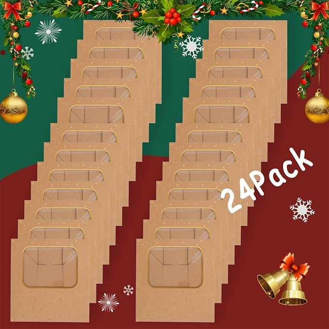 YEKTFS 24 Pcs Gold Star Cookie Boxes,Treat Boxes for Dessert 8.25" x 6" x 2.75" with Window, Bakery Brown Pastry Dessert Boxes for Chocolate Strawberries Muffins Donuts and Party Favor