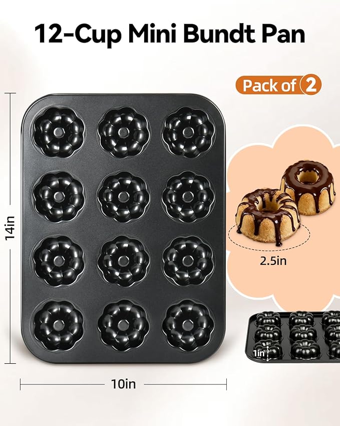 2 Pack Mini Bundt Cake Pans for Baking, 12-Cavity Nonstick Mini Bundtlette Baking Mold, Heavy-Duty Carbon Steel, Oven-Safe to 450℉ Versatile Fluted Bake Pan for Muffins, Brownies, Cupcakes, Mini Cakes