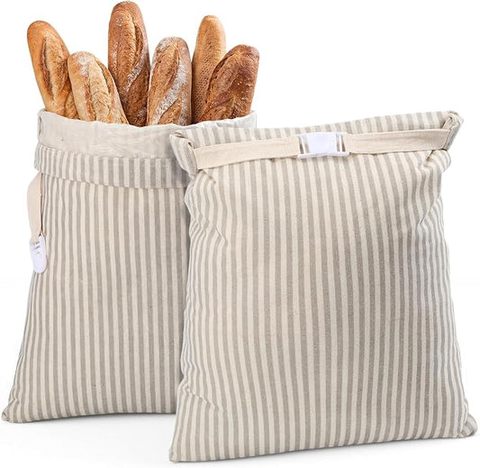 2 Pack Reusable Striped Bread Bags Set with Drawstring Cotton Linen Food Storage Bags for Homemade Bread & Sourdough 17"x 13" Lined Food Bag Cover Keep Loaves Fresh Longer(Grey Stripes)