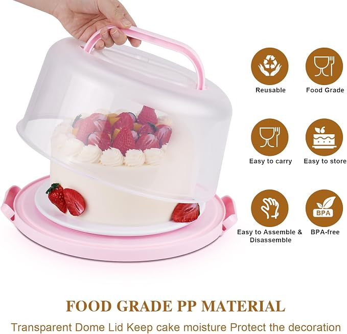 Cake Container - Cake Holder for 10 in Cake with 2 Handles Cupcake Carrier | Cake Carrier with Lid and Handle, BPA-Free Plastic Cover Two Sided Base for Transport Pies Nuts Fruit Perfect Gifts