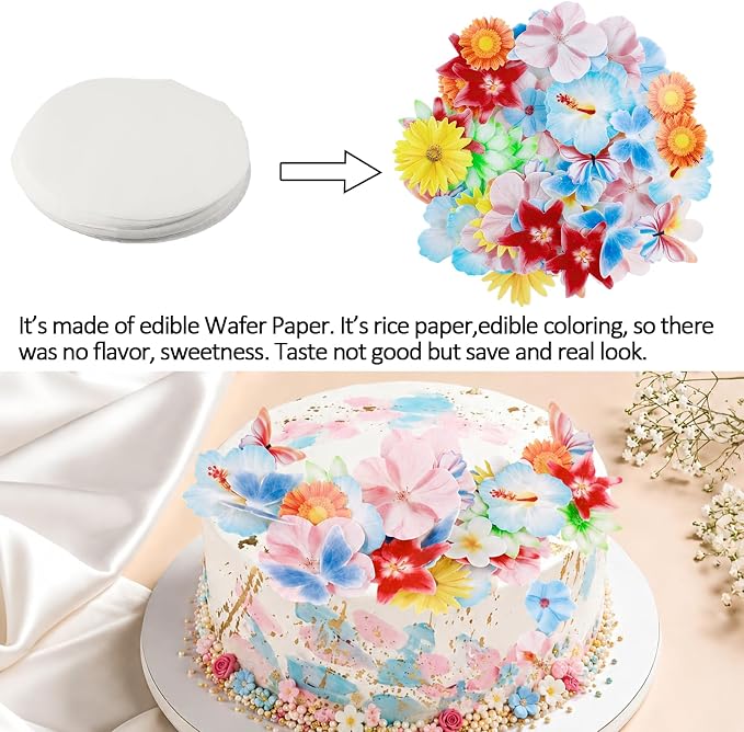 Morofme 60pcs Edible Flower Cake Topper Hawaiian Cupcake Toppers Wafer Paper Daisy Tropical Hibiscus Flower Cake Decorations Luau Themed Cupcake Decor for Summer Beach Aloha Birthday Party Supplies