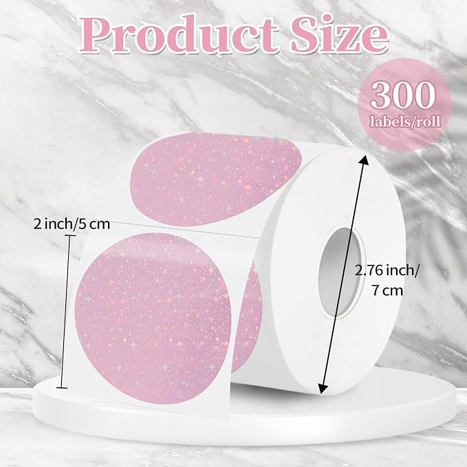 2''Holographic Thermal Label,Round Self-Adhesive Direct Thermal Label,Thermal Stickers for DIY Logo Design,Name Tag (300/Roll Pink Starry Sky