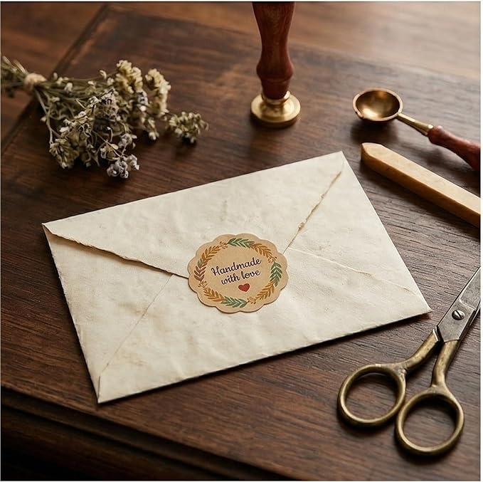 Handmade with Love Stickers Roll, 500 Kraft Paper Labels, 1.5 Inch Floral Scalloped Envelope Seals for Small Business Packaging, Baking, Gift Wrapping, Mason Jars