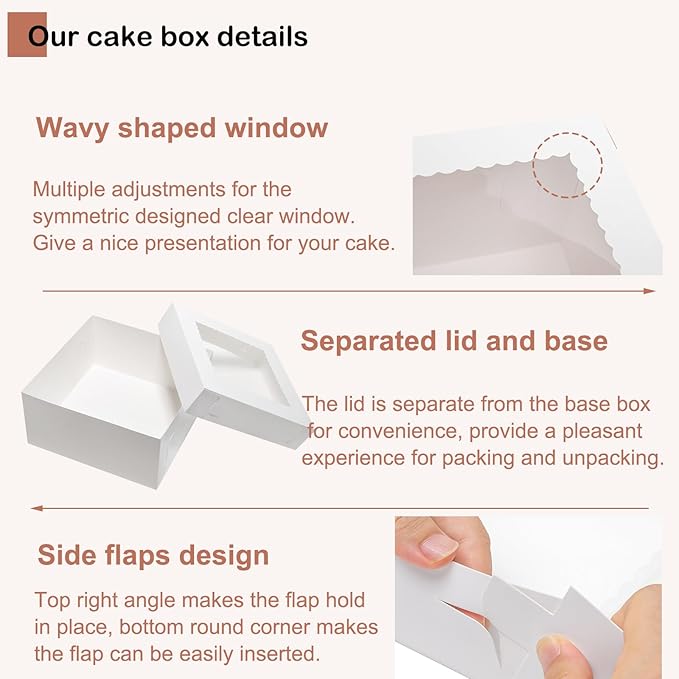 Mefleet 14x14x6 Inch Cake Boxes 10pcs Bakery Boxes for Tier Cakes with Window 14 Inch White Large Tall Cardboard Bakery Take Out Carrier Containers with Lids for Wedding, Birthday, Party