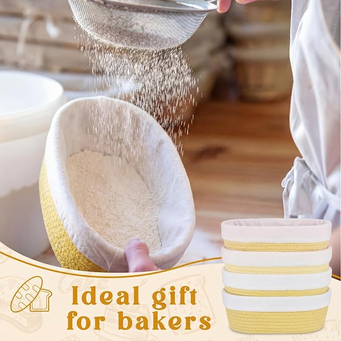4 Pcs 10 Inch Bread Proofing Basket Set Cotton Rope Oval Banneton Basket Sourdough Bread with Liners Covers for Baking Supplies (Yellow)
