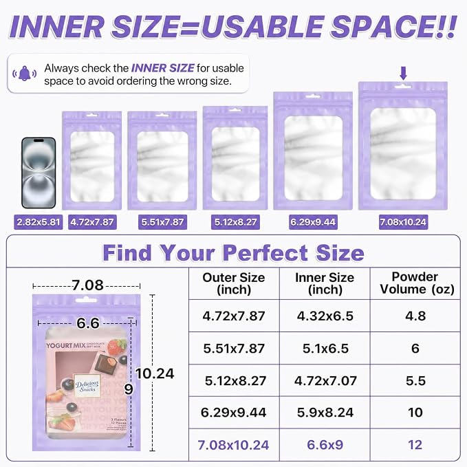 ANZNKU 100 Pack Lavender Purple Resealable Mylar Bags with Frosted Clear Window 7.08x10.24", Smell Proof Sealable Packaging Bags for Small Business, Foil Pouch Zip Goodie Bag for Candy Treat Jewelry
