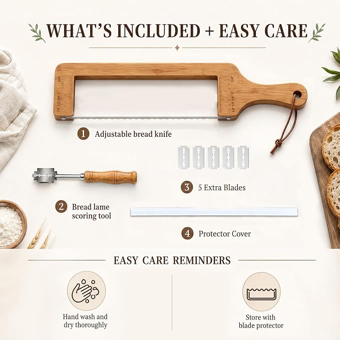 Bread Slicer for Homemade Bread Sourdough,Bread Knife with Scoring Tool | 304 Stainless Steel Bread Cutter, Serrated Bread Slicer with Ergonomic Handle, Easy to Clean Bread Knife with Bread Lame