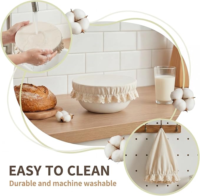 4 Pcs Reusable Cotton Bowl Covers with Lace Trim Breathable Muslin Fabric Food Storage Lids Elastic Cloth Bowl Covers for Bread Proofing Baskets Sourdough Bread Baking (13,10,8,4 Inch)