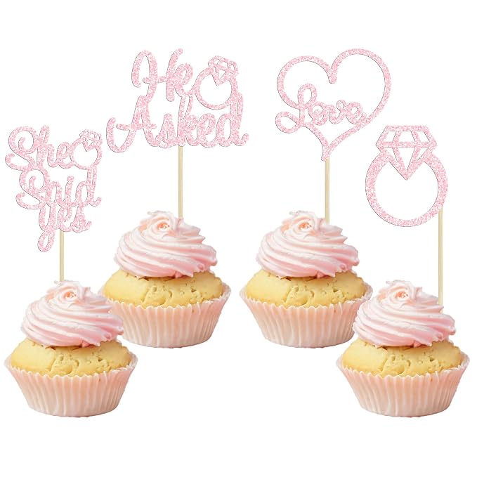 Gyufise 24 Pack He Asked She Said Yes Cupcake Toppers Light Pink Glitter Heart Ring Cupcake Picks Wedding Engagement Bridal Shower Party Cake Decorations Supplies