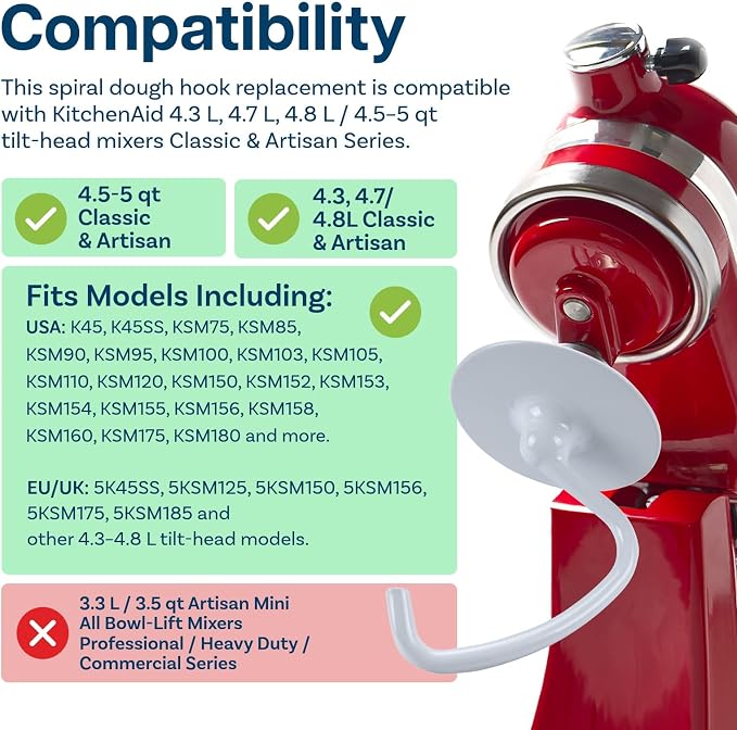Mixer Attachments for KitchenAid 4.5–5 Quart Tilt-Head Stand Mixers – Compatible with Artisan & Classic – Beaters, Whisks, Dough Hooks & Attachment Sets by MMOBIEL (Dough Hook, Aluminum)