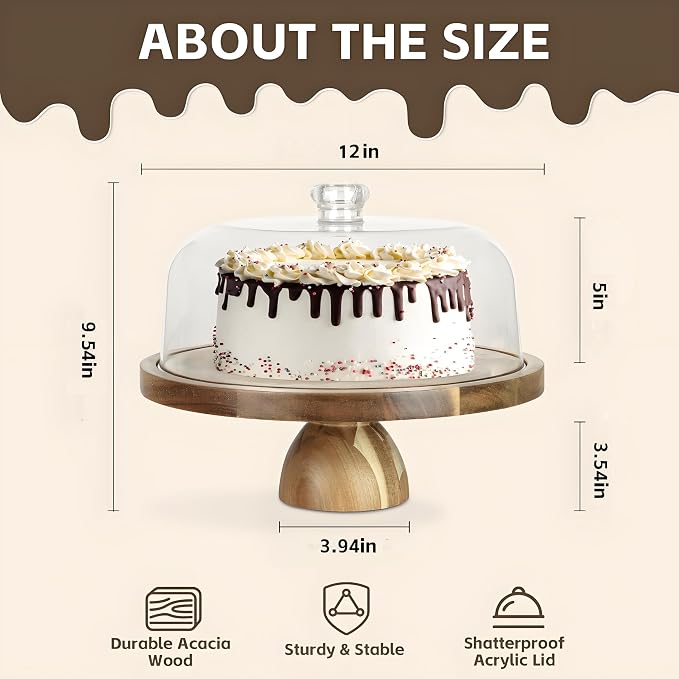 Acacia Wood Cake Stand with Lid, 2-In-1 Cake Plate with Acrylic Lid, 12in Round Dessert Table Display Set, Raise Dome for Charcuterie Board, Cheese, Chips & Dips, Nachos, Fruit Platter (12in)