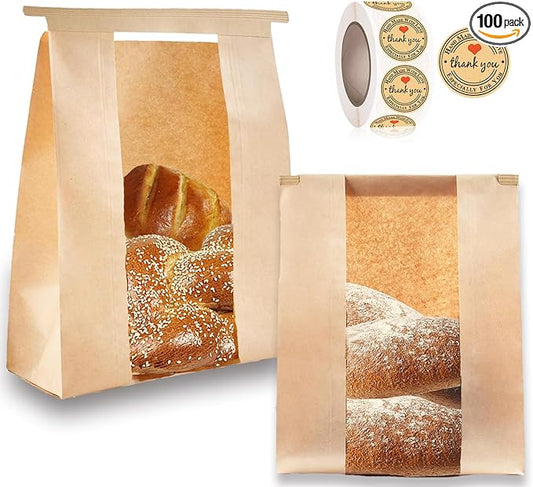 100 Pcs(13.7x8.2x3.5 in) Paper Bread Bags for Homemade Bread, Sourdough Bread Bags with Window, Sourdough Storage Bags for Bread Packaging includes 500 Cute Seal Stickers