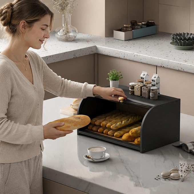Roll Top Bread Container for Kitchen Countertop, Bamboo Bread Box with Clear Lid, Bread Container Storage（Black without cutting board）