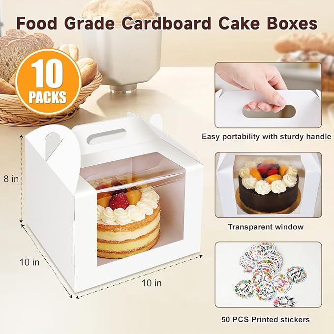 10 Pcs Cake Boxes 10 Inch with Handle, 10x10x8 Inches Tall Cake Box with Window for Tier Cakes, Bakery Take Out Container Cake Carrier, White Large Bakery Boxes for Baking Wedding, Birthday, Party