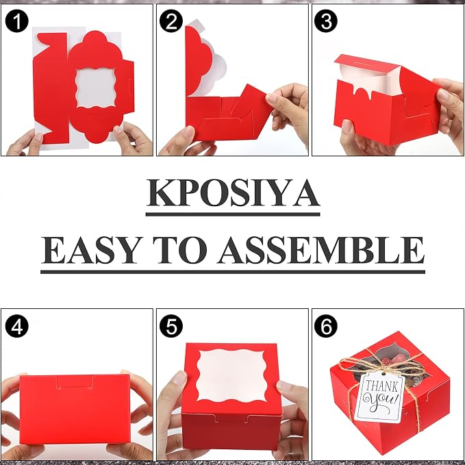KPOSIYA 120 Pcs Red Bakery Boxes with Window Individual Cupcake Boxes 4x4x2.5 Inches Cookie Boxes Kraft Paper Red Gift Box for Pastries, Cookies, Pie, Donuts, Macaroon