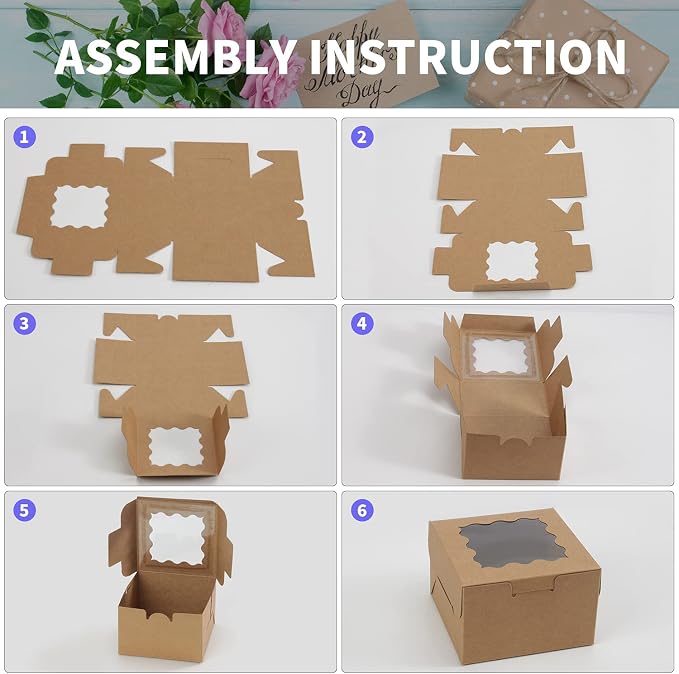 OAMCEG 100 PCS Bakery Boxes with Window and Stickers - 4x4x2.5 Inch Individual Cupcake, Pastry, Cookie, Small Cake Boxes - Carrier Holders & Containers for Mini Dessert Packaging