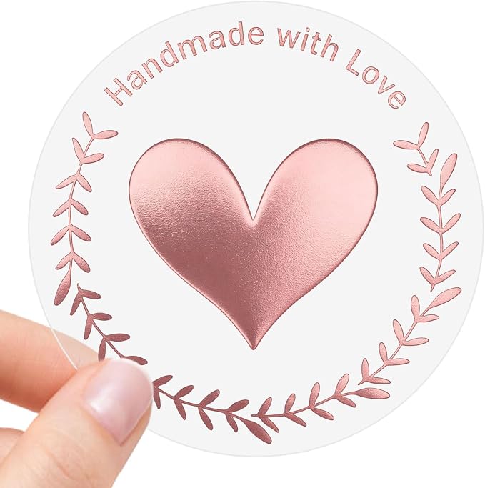 100 PCS Handmade with Love Stickers, Clear Rose Gold Foil Heart Labels for Small Business Packaging, Baking, Gift Wrapping, Envelopes, Favor Bags & Dessert Treat Bags, 1.6 Inch