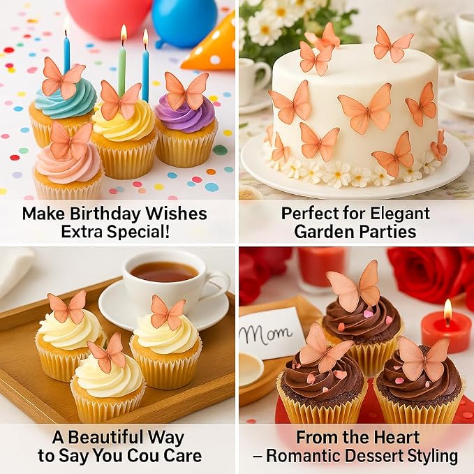 Confect Edible Wafer Paper Butterflies Set of 56 – Colorful Peach Butterfly Cake Decorations, Cupcake Toppers for Birthday, Wedding, Party – Edible Butterfly Toppers