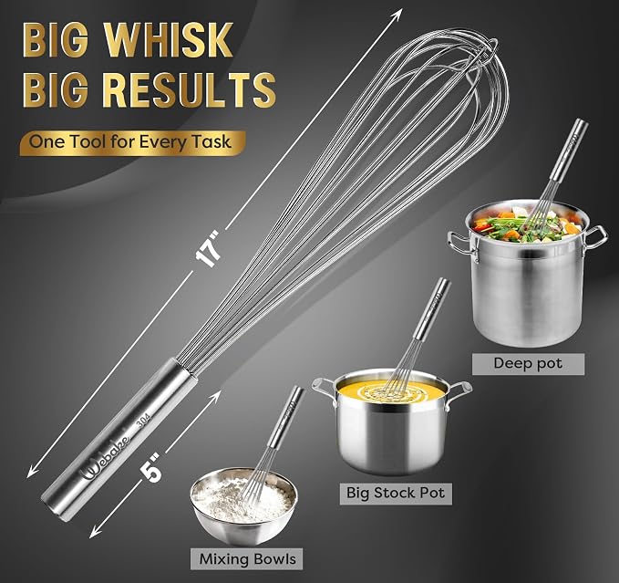 Webake Commercial Whisk Heavy Duty 17in Large Whisk, 304 Stainless Steel Whisks for Mixing, Beating, Blending, Professional Kitchen Tools
