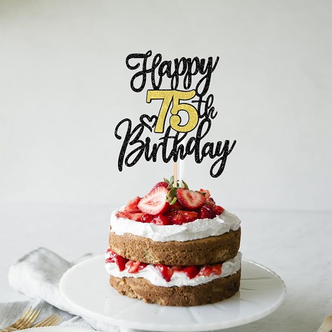 1 PCS Happy 75th Birthday Cake Topper Black Gold Glitter Cheers to 75 Years Birthday Cake Pick 75 Fabulous Cake Decoration for Happy 75th Birthday Anniversary Party Decorations Supplies