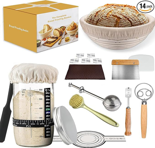Sourdough Starter Kit, Sourdough Kit Include Banneton Proofing Basket, Sourdough Starter Jar, Bread Lame, Dough Scraper, Dough Whisk Scraper and Silicone Bread Sling