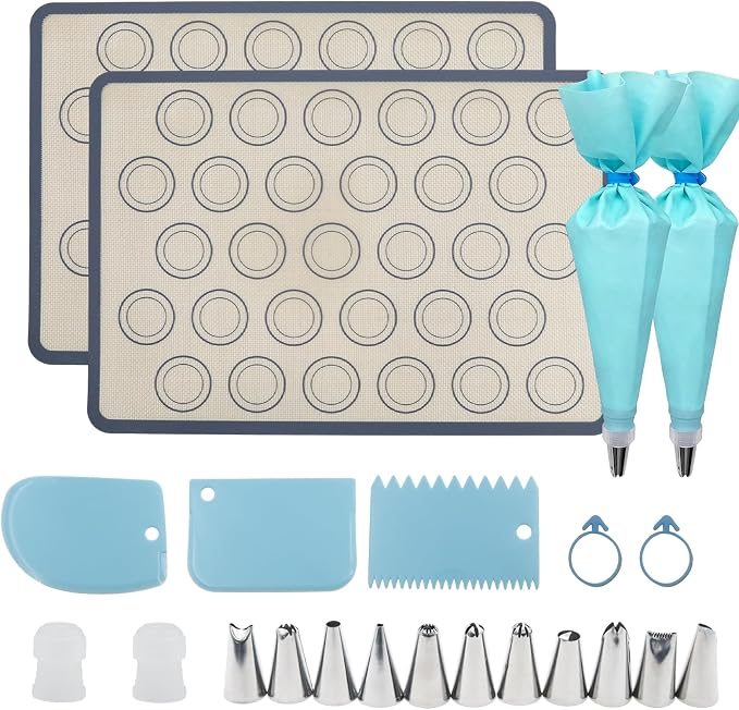 Macaron Silicone Baking Mats Kit (23 Pcs set) 16.5''x11.4'' Nonstick Macaroon Baking Mat Set of 2 Half Sheet with 12 Piping Tip 3 Scraper 2 Piping Bag 2 Bag Tie 2 coupler