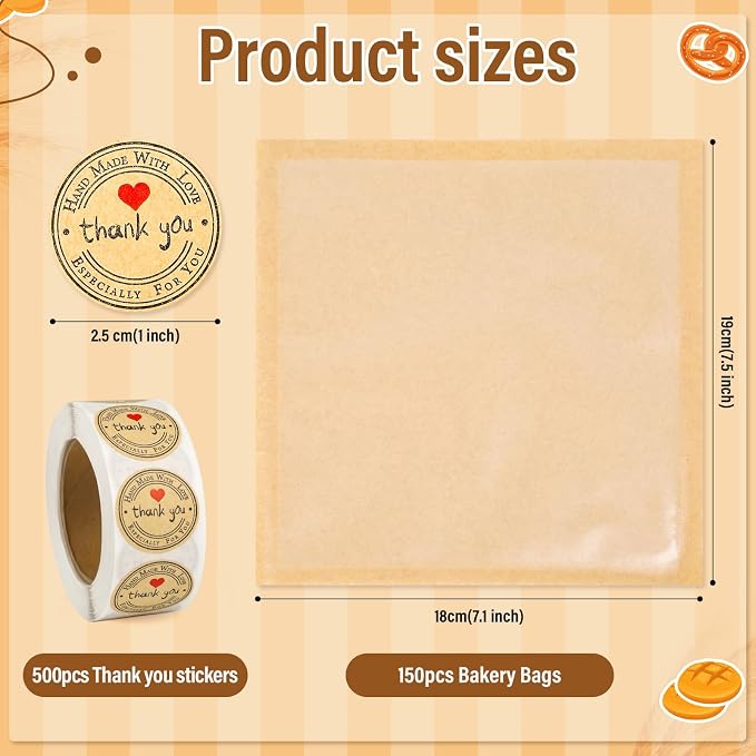 150 Pack Bakery Bags with Window, 7.5 x 7.1 Inches, Sublaga Paper Sandwich Bags, Donut Bags To Go, Bakery Paper Bags for Treat, Snack, Cookie Waffle Cake Packaging