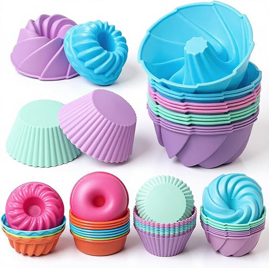 52 Pcs Single Silicone Donut Molds, 4 Styles Silicone Molds for Baking Small Reusable Non-Stick Baking Cups for Donuts, Muffins, Cupcakes, Jellies, Bagels (Multicolor)