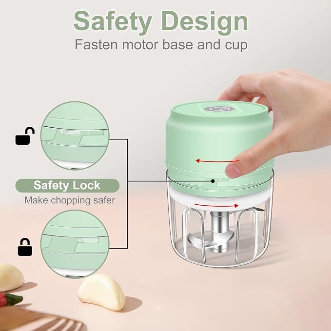 250ml (1 Cup) Electric Garlic Chopper, Portable Garlic Press, Wireless Mini Food Processor, Rechargeable Garlic Chopper Mincer for Ginger, Chili, Onion, Minced Meat and Spices (Green)