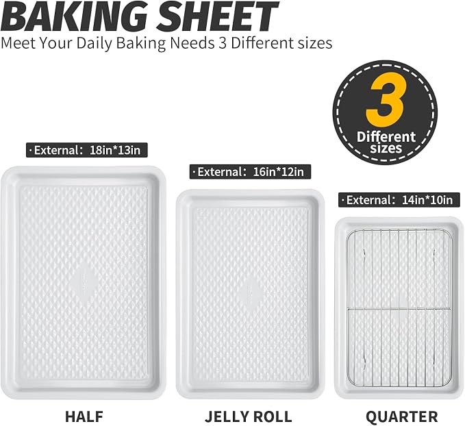 Nonstick Ceramic Baking Sheet With Rack, 3-Pack Half/Jelly Roll/Quarter Sheet Pan, Non-Toxic, PTFE & PFOA Free, Warp-Free, Oven Safe 550°F, Dishwasher Safe, Aluminized Steel, Gray Yellow