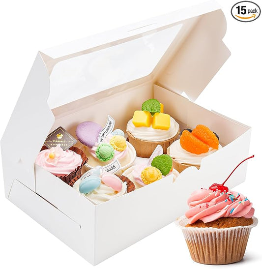 NPLUX 15 Pack Cupcake Boxes with Inserts 6 Holders, White Standard Bakery Boxes with Window Food Grade Cupcake Containers 6 Count for Muffins