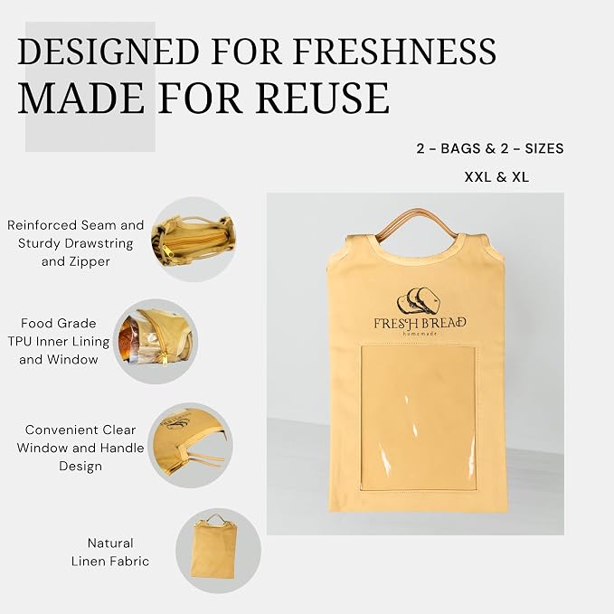Reusable Linen Bread Bags for Homemade & Sourdough Bread – 2 Pack (XL & XXL) | Cloth Bread Bags with Clear Window, Zipper & Handle – Eco-Friendly Bread Storage Bags