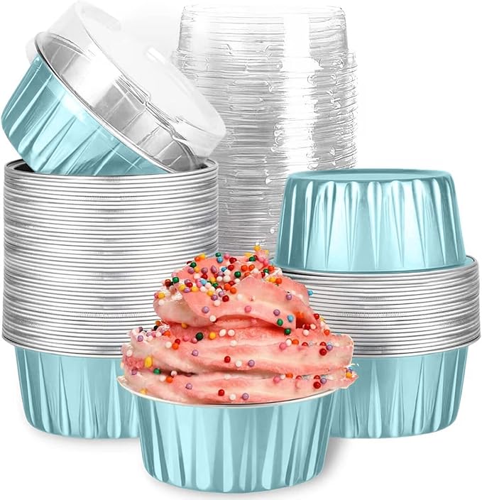 Mini Aluminum Foil Cupcake Baking Cups with Lids (40pcs, 9oz) Round Cupcake Foil Liners Tart Pie Tin Pan Holder - Disposable Mini Cake Containers Flan Molds for Pudding, Souffle, Party, Wedding