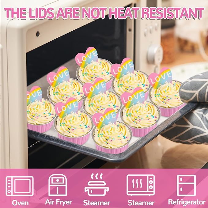 60Pcs Mini Loaf Pans with Lids and Spoons, Aluminum Foil Baking Pans, Round Mini Cake Pan, Brownie Baking Cups for Picnics Party (Pink)