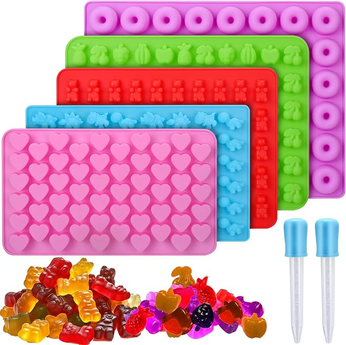 Palksky 5-Piece Silicone Candy Molds - Gummy Bear, Fruit, Dinosaur, Donut & Heart Shapes with 2 Droppers