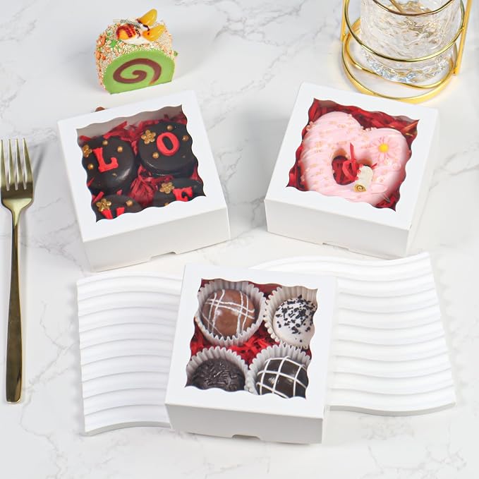 100PCS 3¼" x 3 ¼" x 1 ½"Cookies Boxes Soap Boxes Chocolate Truffle Boxes for 4, Donut Treat Macaron Box Mini Bakery Boxes Small gift boxes with Window Brownie Box
