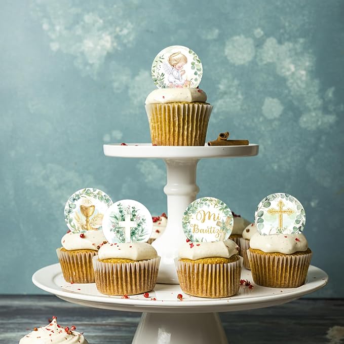 64 PCS Edible God Bless Cupcake Toppers Angel Bi Bautizo Cupcake Picks Edible Greenery Leaves Baptism Cross First Communion Cake Decorations for God Bless Theme Baby Shower Birthday Party Supplies