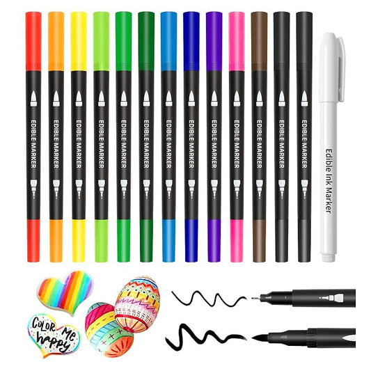 Edible Markers - 14 Colors Double Sided Food Coloring Pens with Fine & Thick Tips for Cookie Decorating, Fondant, Desserts & Easter Eggs