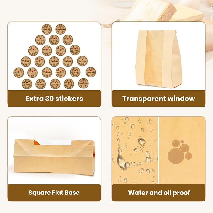 30PCS Bread Bags for Homemade Bread Paper Sourdough Bread Bags Large Bakery Bags with Window for Baked Food Packaging Storage Gift Giving Includes 30PCS Label Seal Stickers 13.7x8.3x3.5in